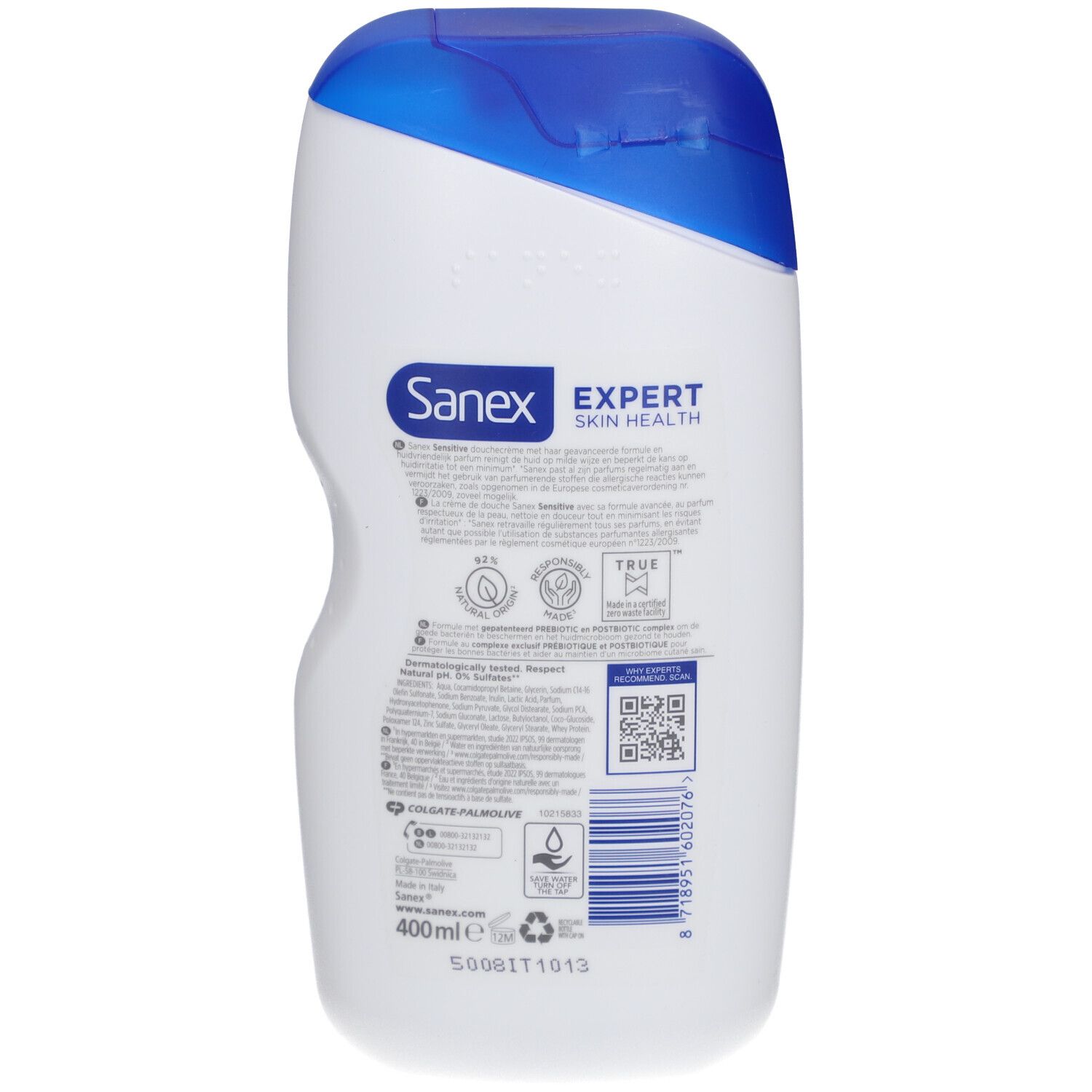 Rückseite der Sanex Expert Skin Health Sensitive Cremedusche. Informationen und QR-Code.