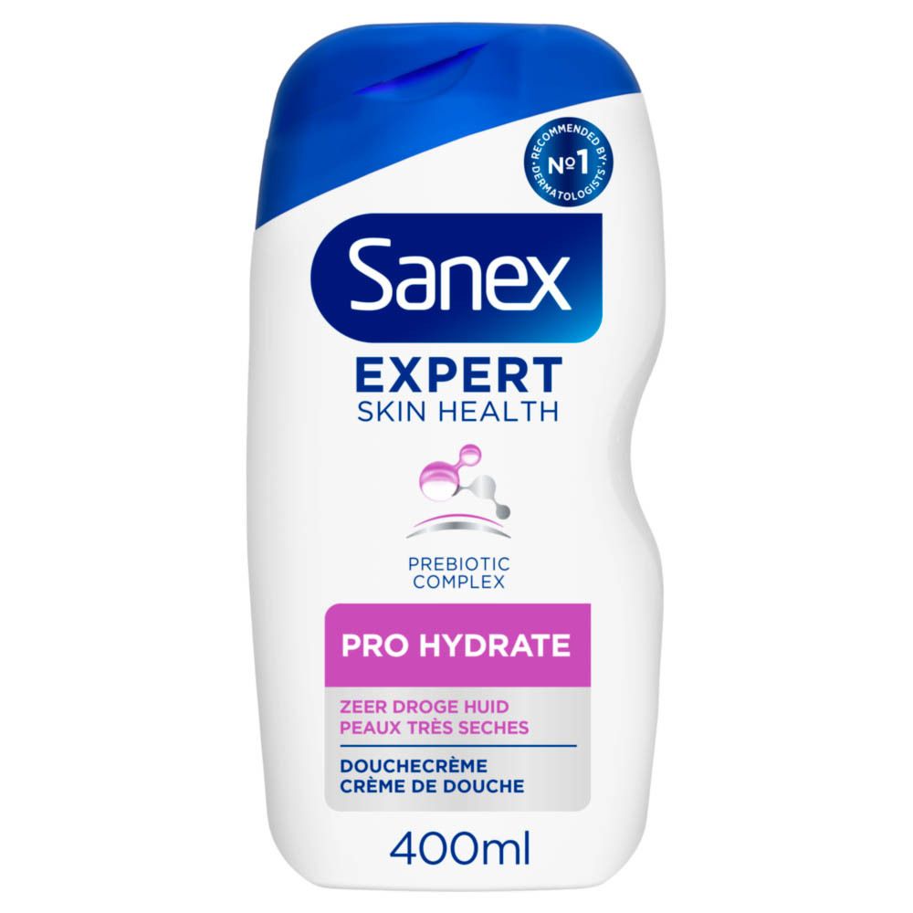 Flacon de Sanex Expert Skin Health Pro Hydrate. Flacon blanc, bouchon bleu. Inscriptions: Sanex, Expert Skin Health, Pro Hydrate, 400ml.