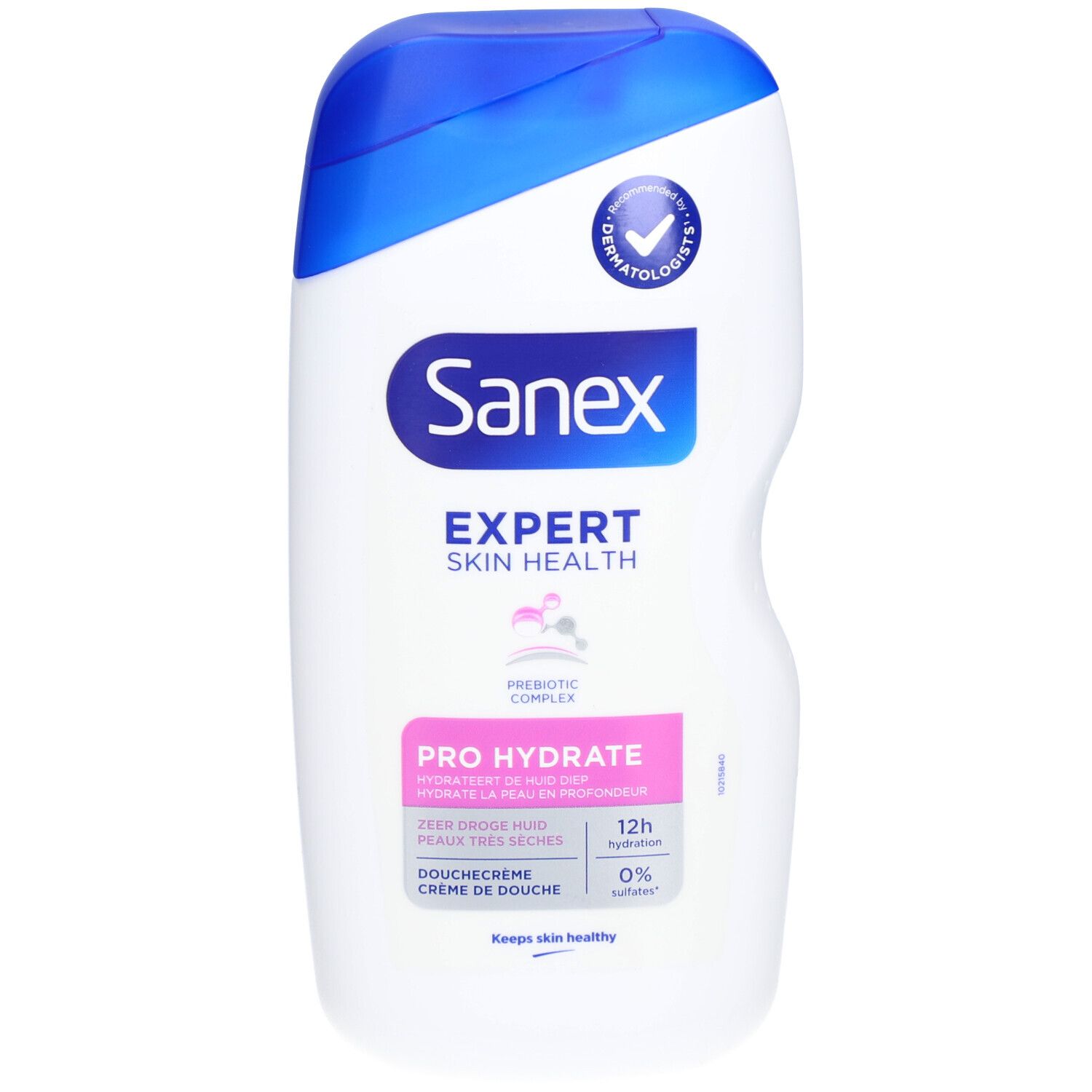 Sanex Expert Skin Health Pro Hydrate Cremedusche. Weiße Flasche mit blauem Deckel. Text: Sanex, Expert Skin Health, Pro Hydrate.