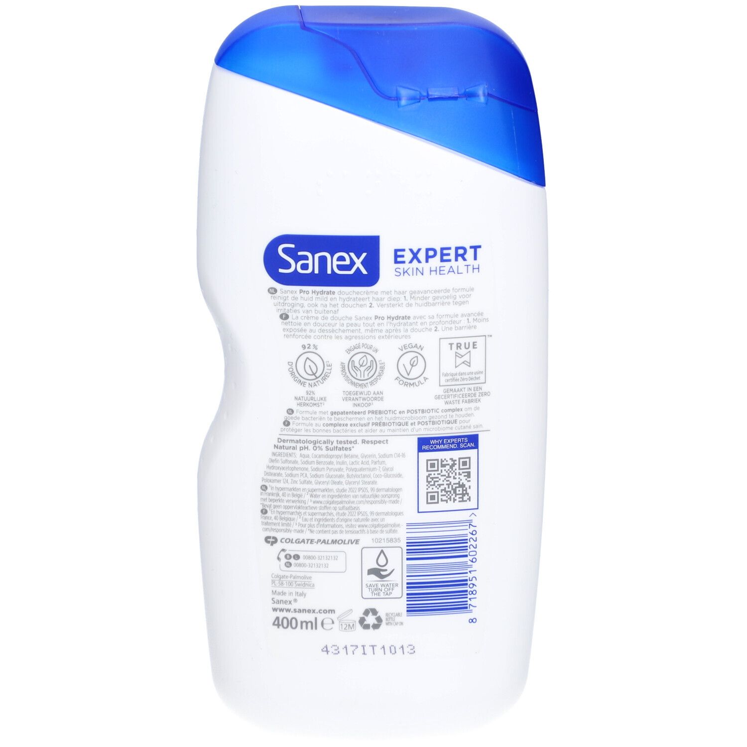 Rückseite der Sanex Expert Skin Health Pro Hydrate Flasche. Text und Logos. 400ml. QR-Code. Recycling-Symbol.