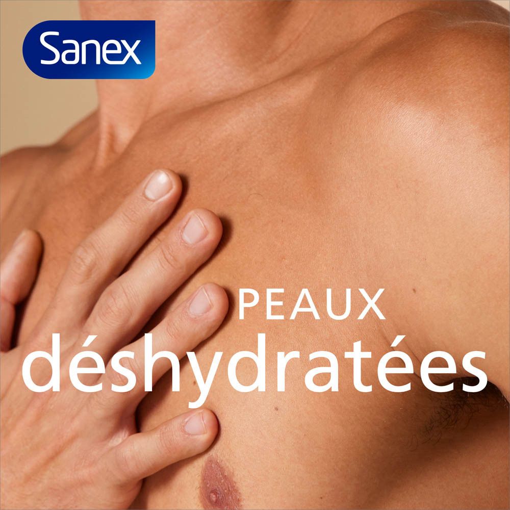 Publicité. Homme avec peau déshydratée. Texte: Peaux déshydratées. Logo Sanex.