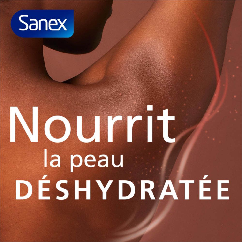 Publicité. Bras avec peau déshydratée. Texte: Nourrit la peau déshydratée. Logo Sanex.