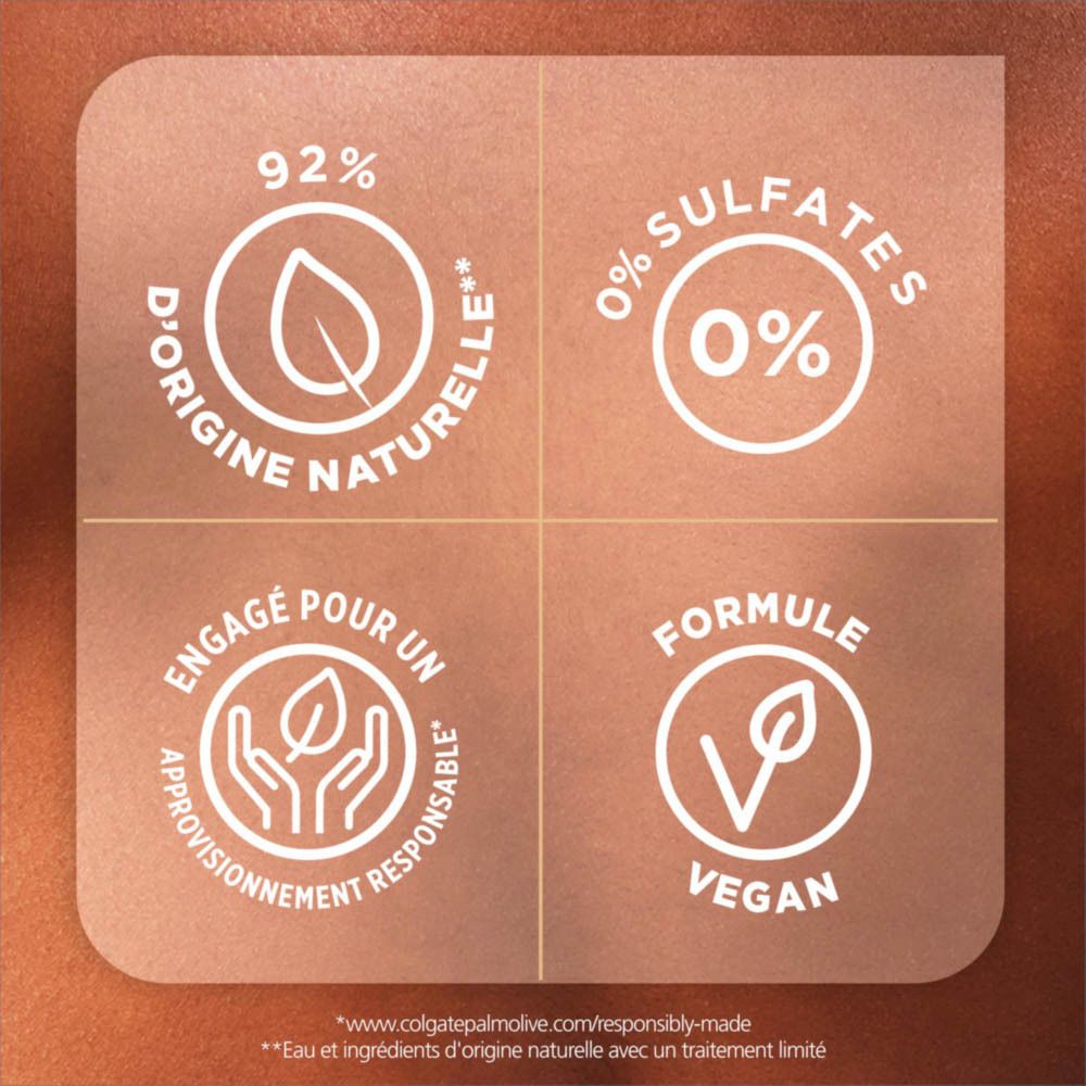 Graphique carré avec logos et texte. 92% d'origine naturelle, 0% sulfates, approvisionnement responsable, formule vegan.