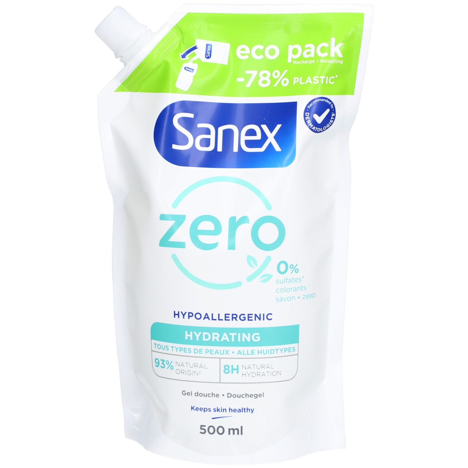 Weißer Beutel mit Sanex Zero% Duschgel. Grün-weiße Aufschrift, 500 ml. Öko-Verpackung.