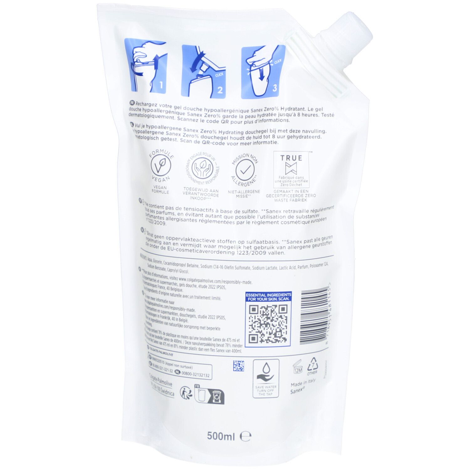 Rückseite der Sanex Zero% Duschgel-Nachfüllpackung. Text, Logos, QR-Code und Barcode.