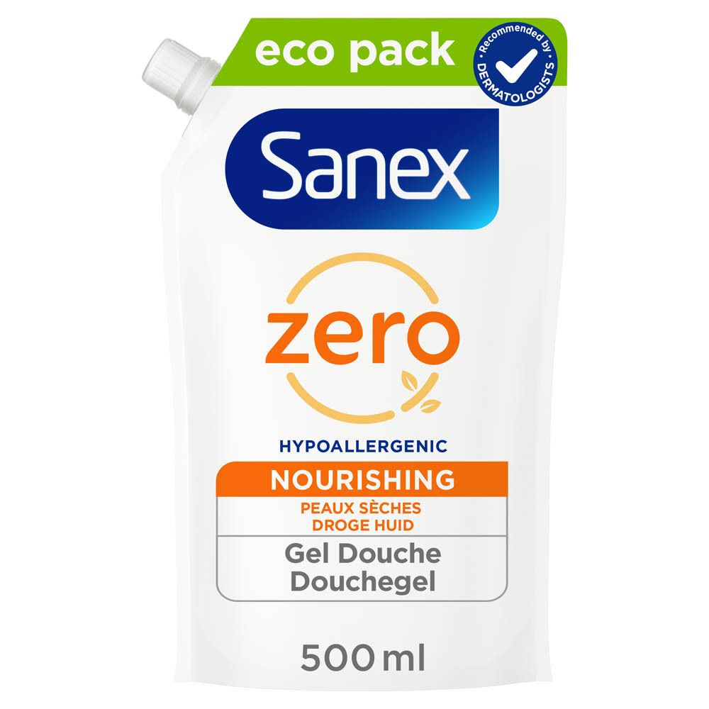 Recharge de gel douche Sanex Zero. Emballage vert et blanc avec logo Sanex et informations produit.