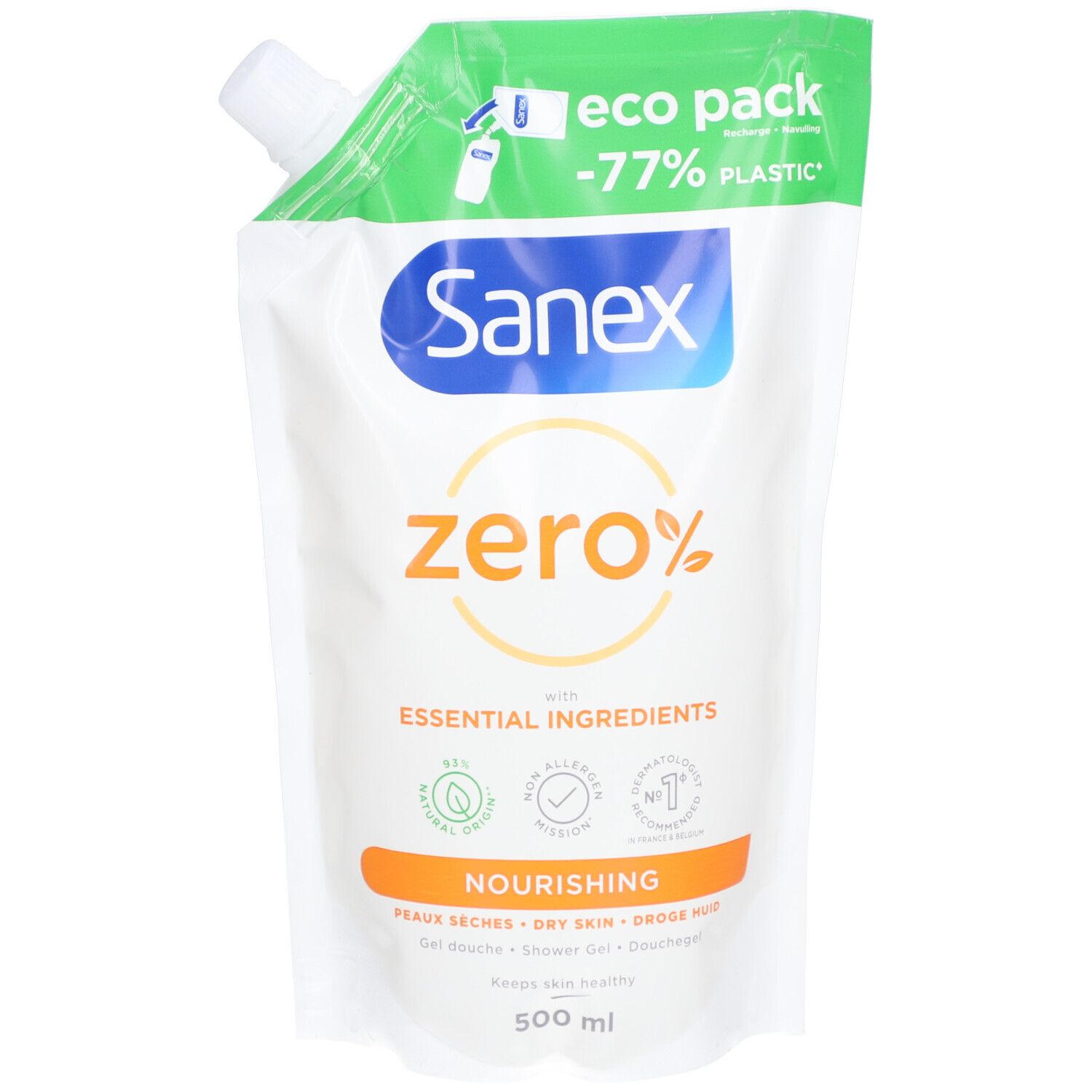 Sanex Zero Eco Recharge Duschgel-Nachfüllpackung. Grün-weiße Verpackung mit Sanex-Logo und Produktinformationen.