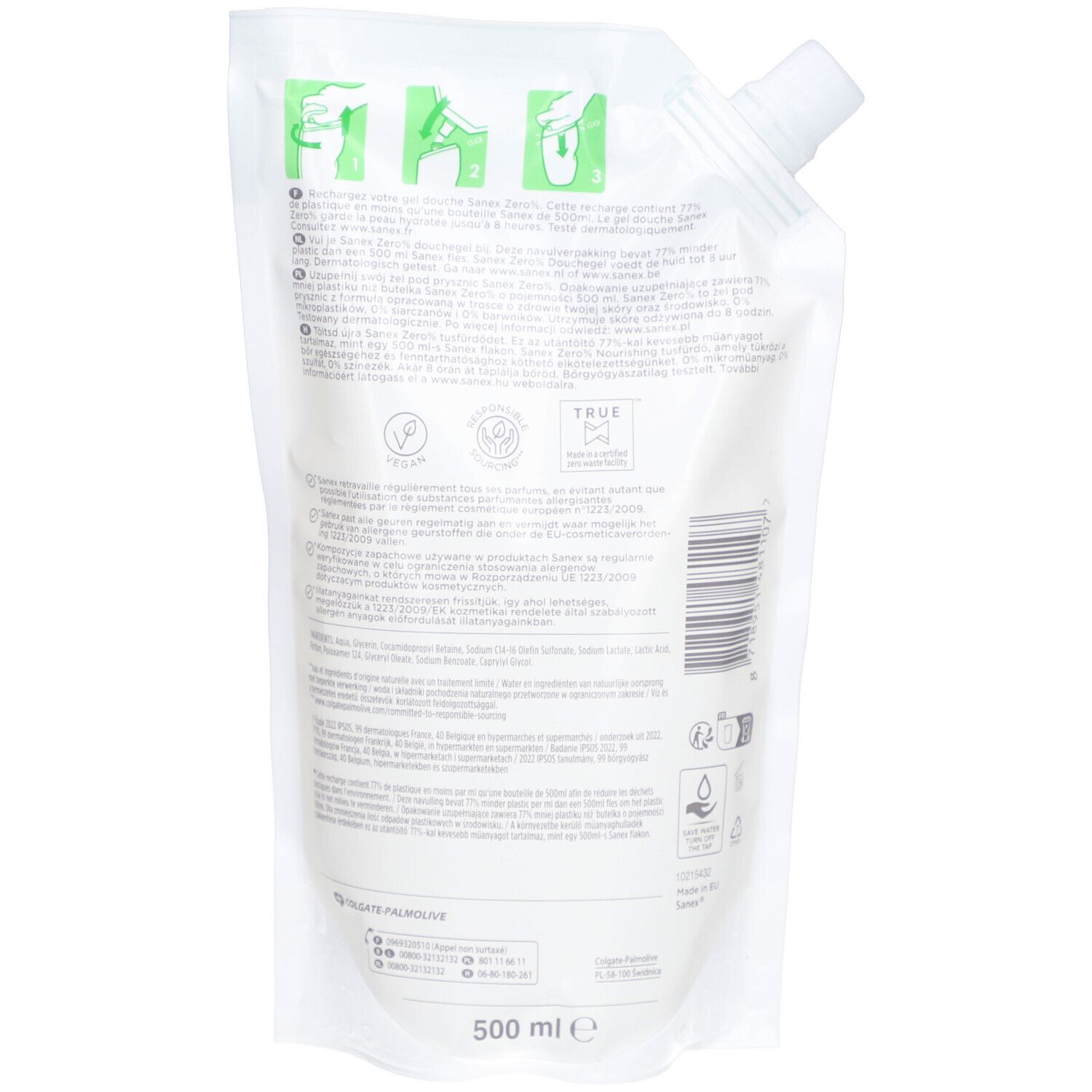 Rückseite der Sanex Zero Eco Recharge Duschgel-Nachfüllpackung. Text und Logos auf weißem Hintergrund.