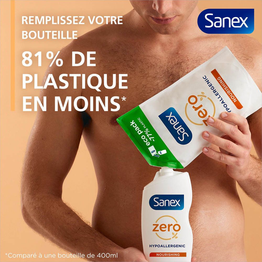 Homme versant du gel douche Sanex Zero dans une bouteille. Texte : 81% de plastique en moins.