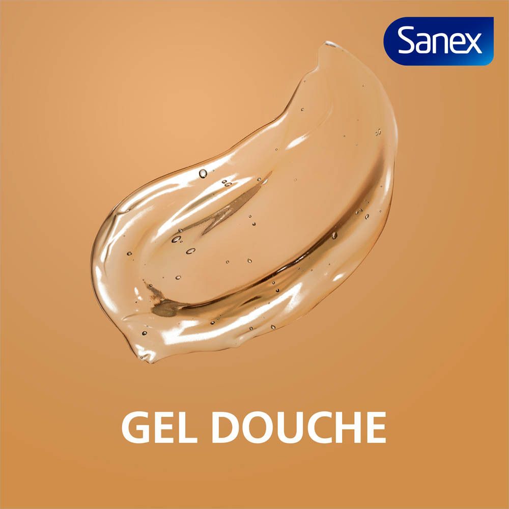 Goutte de gel douche sur fond marron. Texte : Gel Douche.