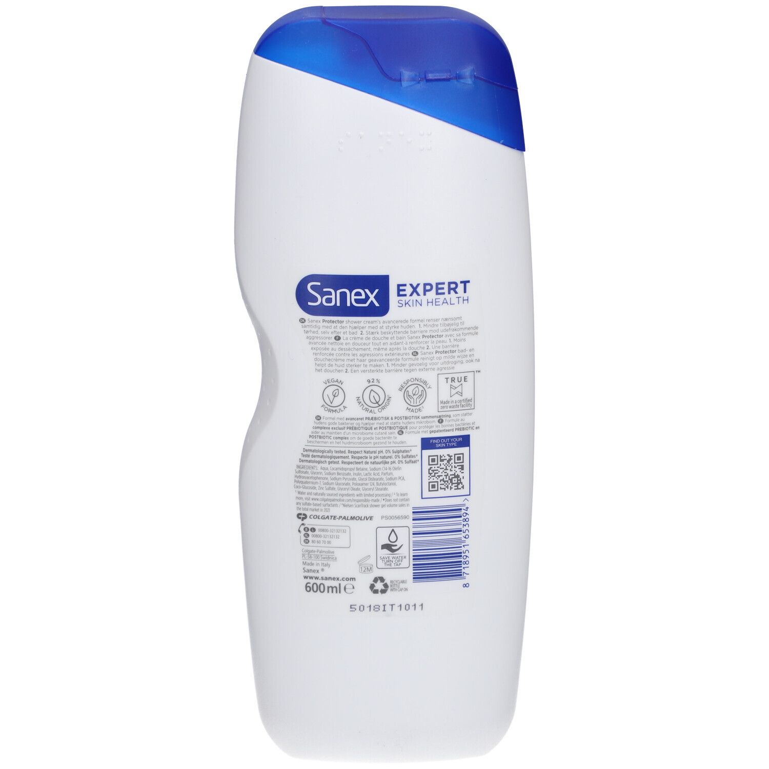 Rückseite der Sanex Expert Duschcreme Protector Flasche. Text und Logos. QR-Code und Volumenangabe 600ml.