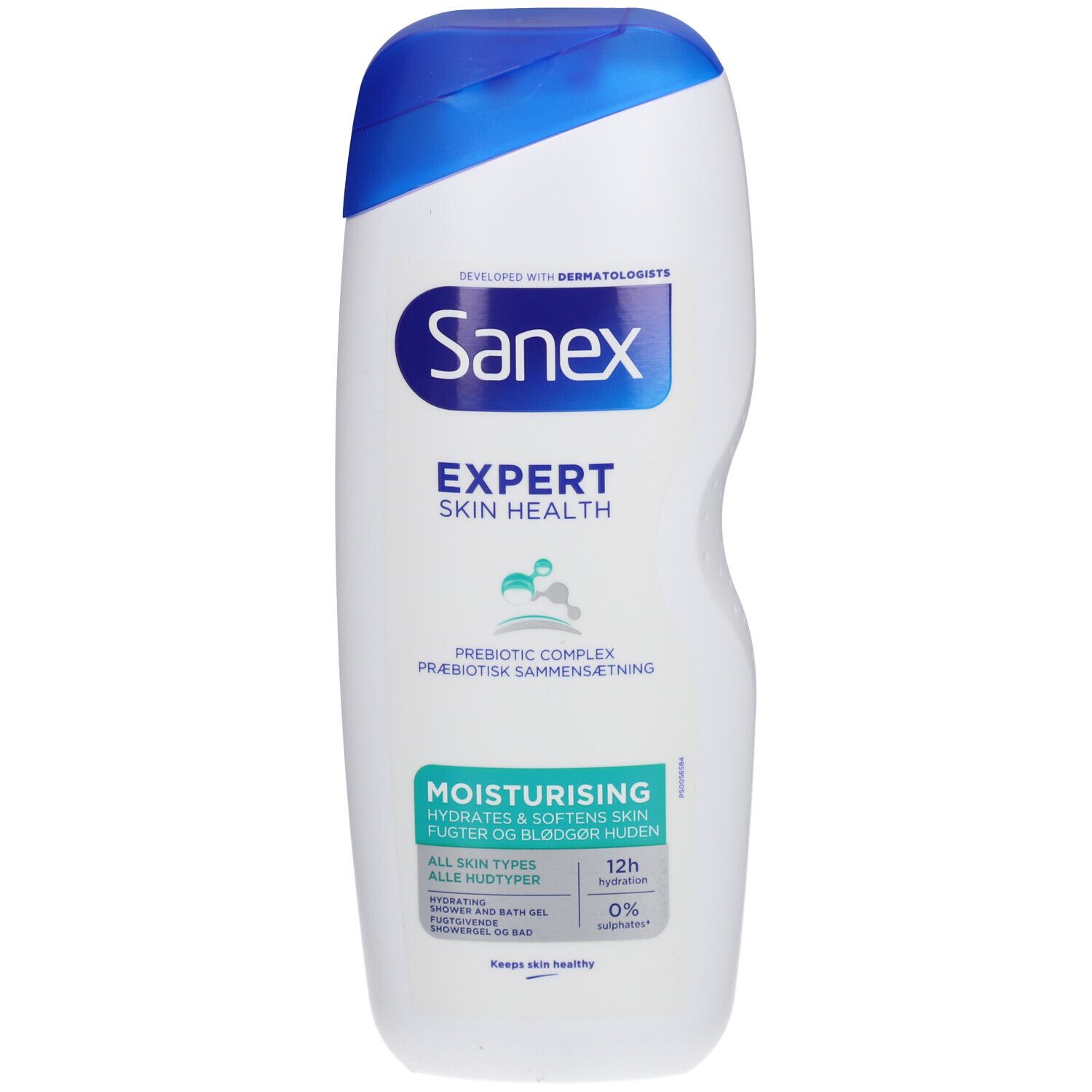 Sanex Expert Skin Health Duschgel. Weiße Flasche mit blauem Deckel. Text: Expert Skin Health, Moisturising.