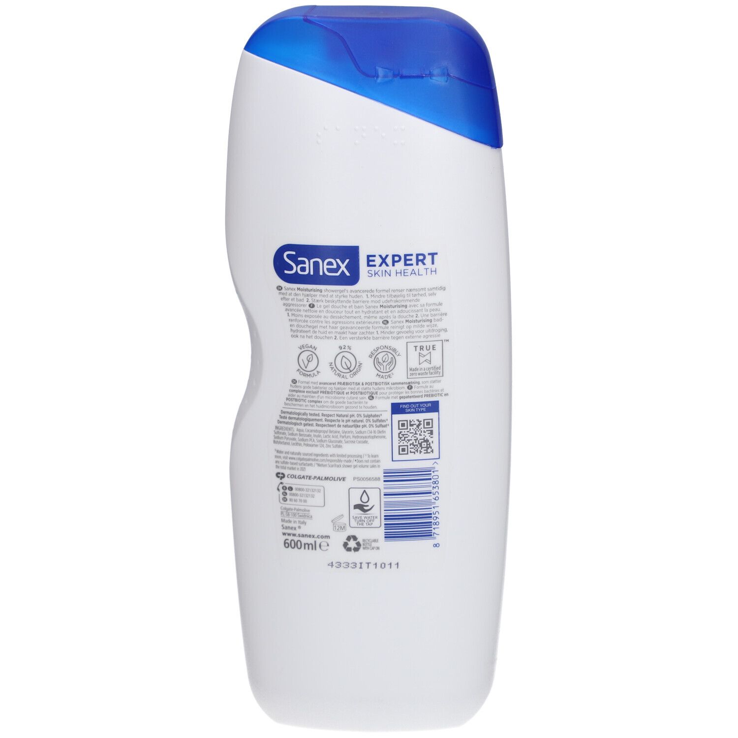 Rückseite der Sanex Expert Skin Health Duschgelflasche. Enthält Informationen und QR-Code. Volumen: 600ml.