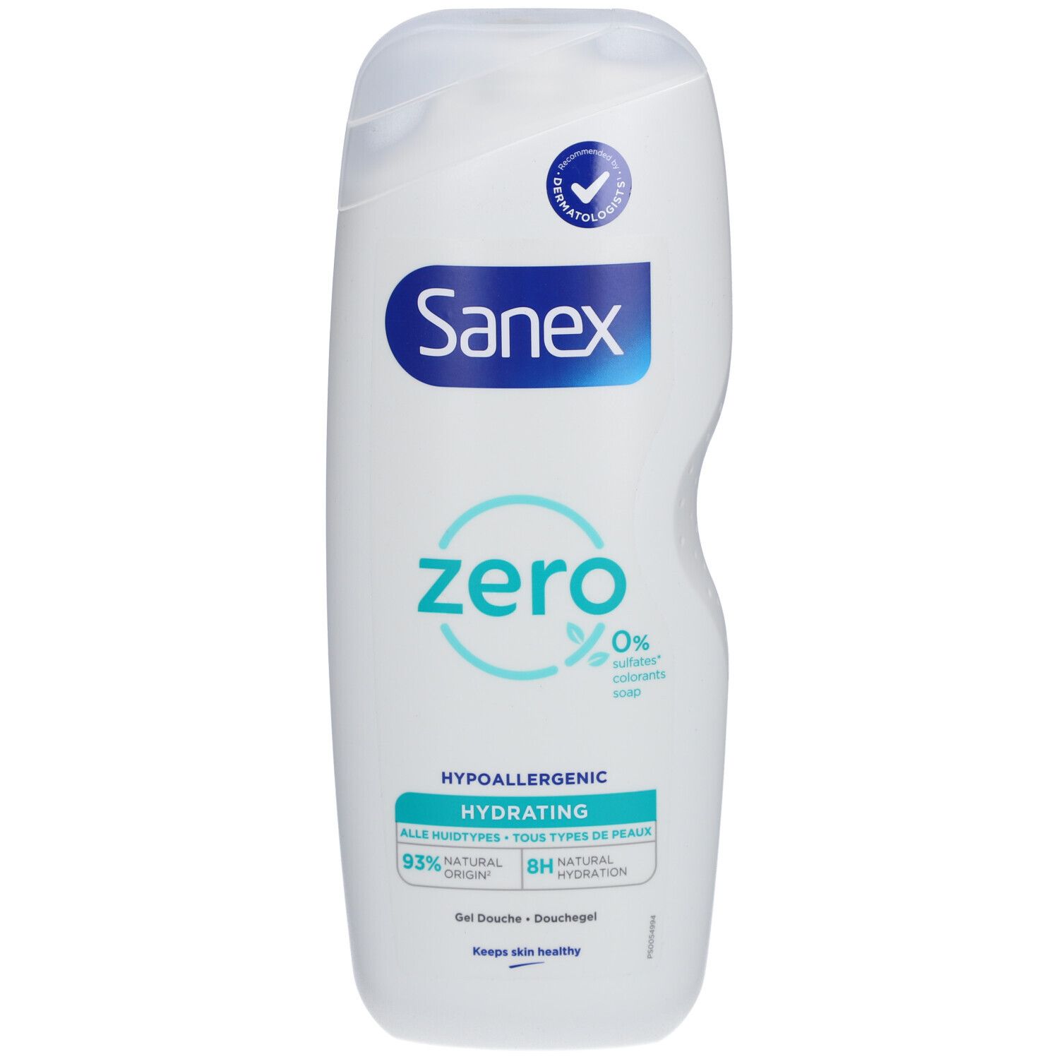 Sanex Zero% Duschgel-Flasche. Weiß, mit blauem und türkisfarbenem Text. Dermatologisch getestet.