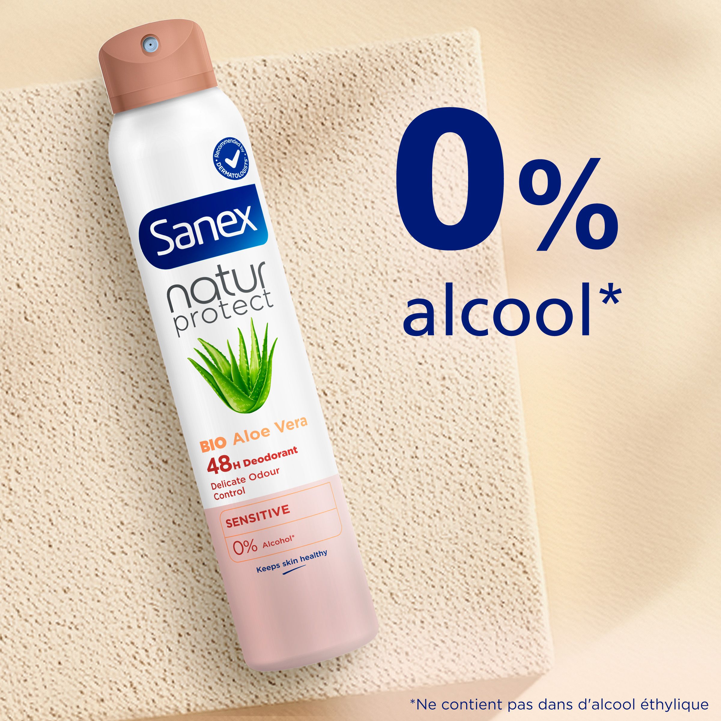 Déodorant Sanex Natur Protect. Flacon blanc, bouchon marron. Aloe Vera. Texte: 48h, Sensitive, 0% alcool.