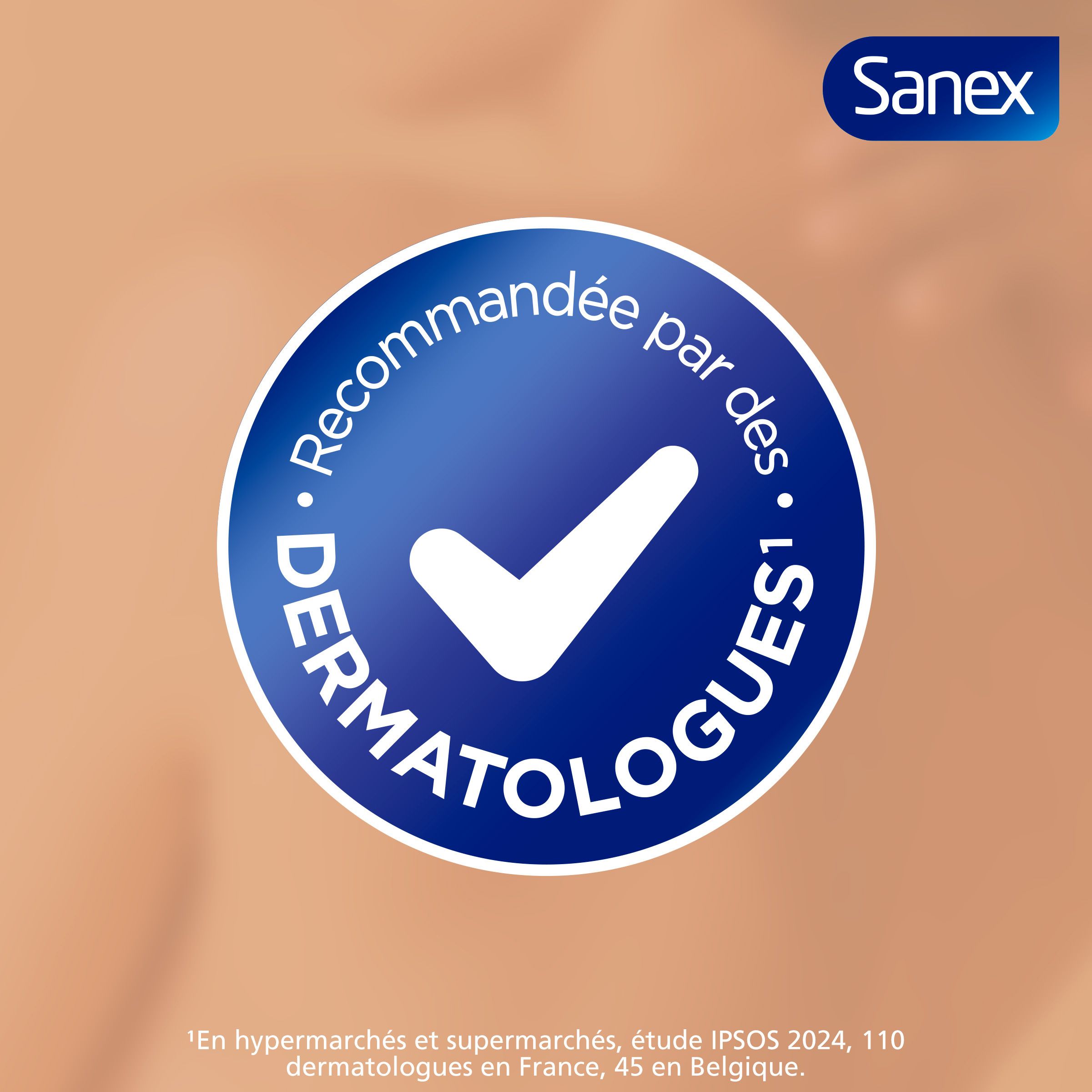 Logo Sanex. Cercle bleu avec signe dermatologues. Texte: Recommandée par des dermatologues.
