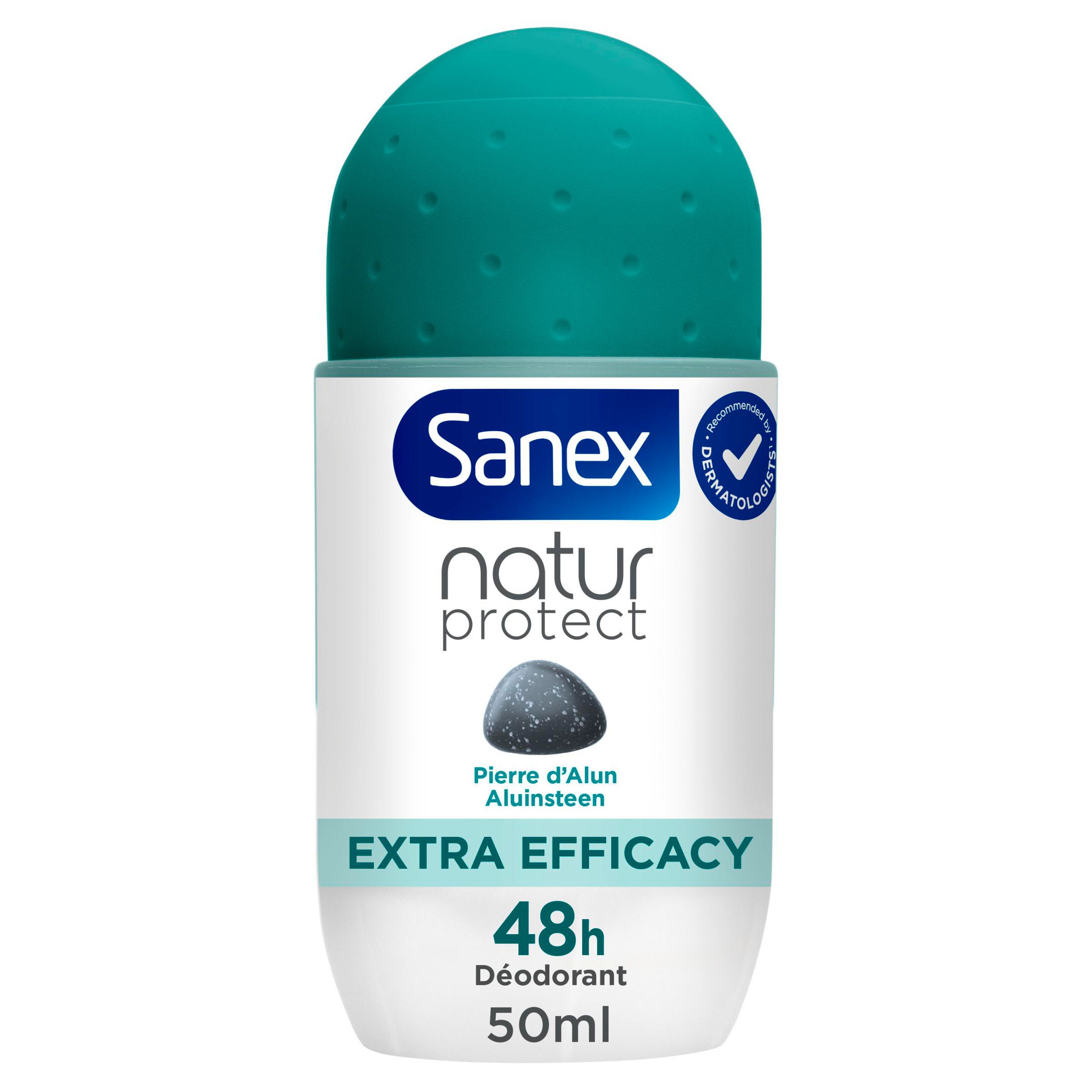 Roll-on turquoise. Sanex Natur Protect, Déodorant 48h, 50ml. Avec pierre d'alun.