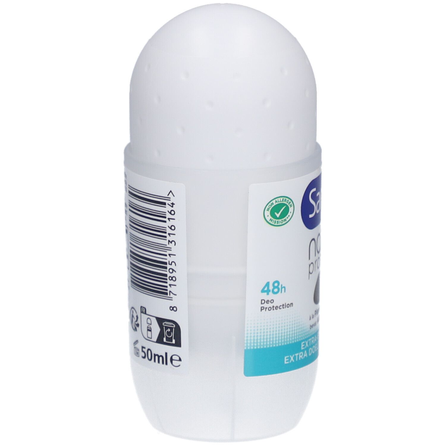 Rückseite des weißen Roll-on-Deos. Sanex Natur Protect, 48h Schutz. Barcode und 50ml Volumen.