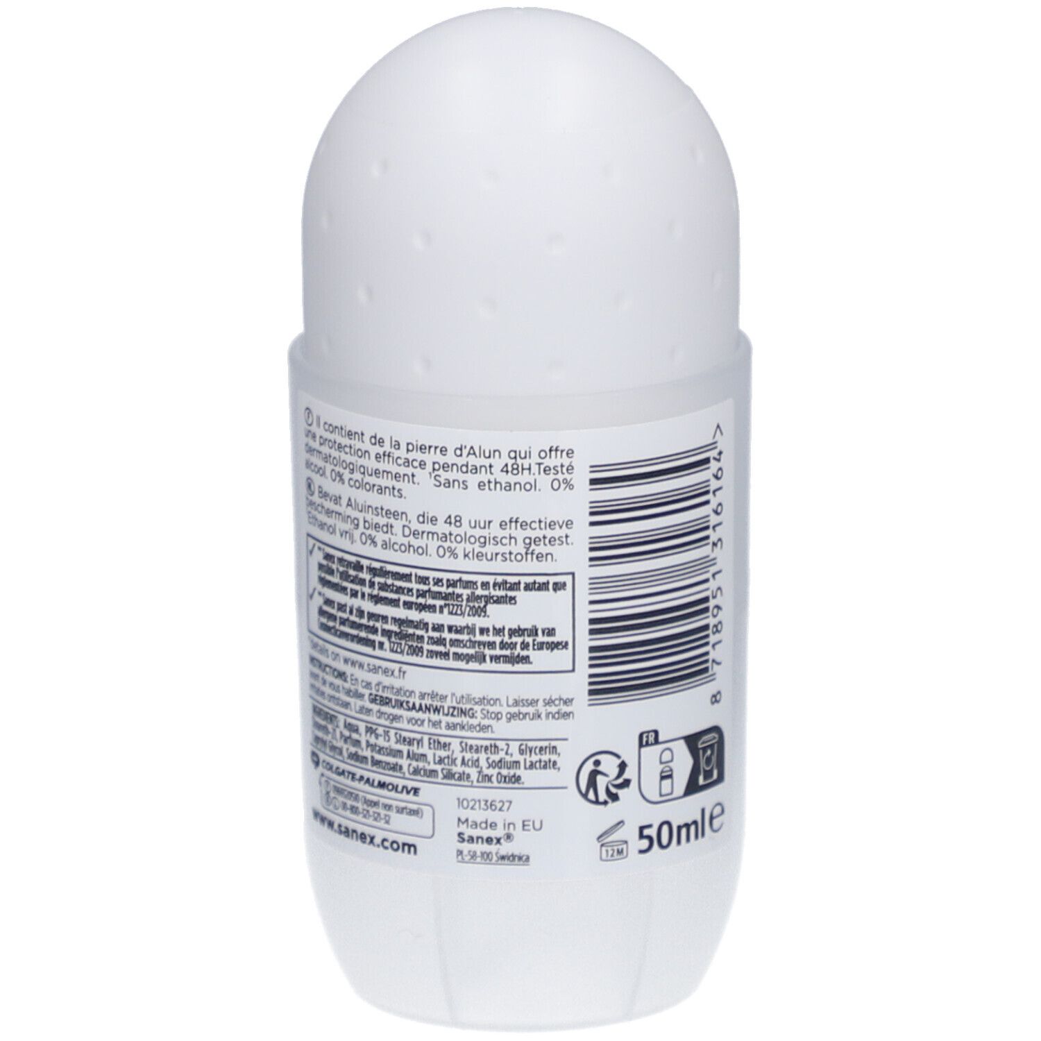 Rückseite des weißen Roll-on-Deos. Sanex Natur Protect, 48h Schutz. Inhaltsstoffe, Herstellerinformationen, 50ml.