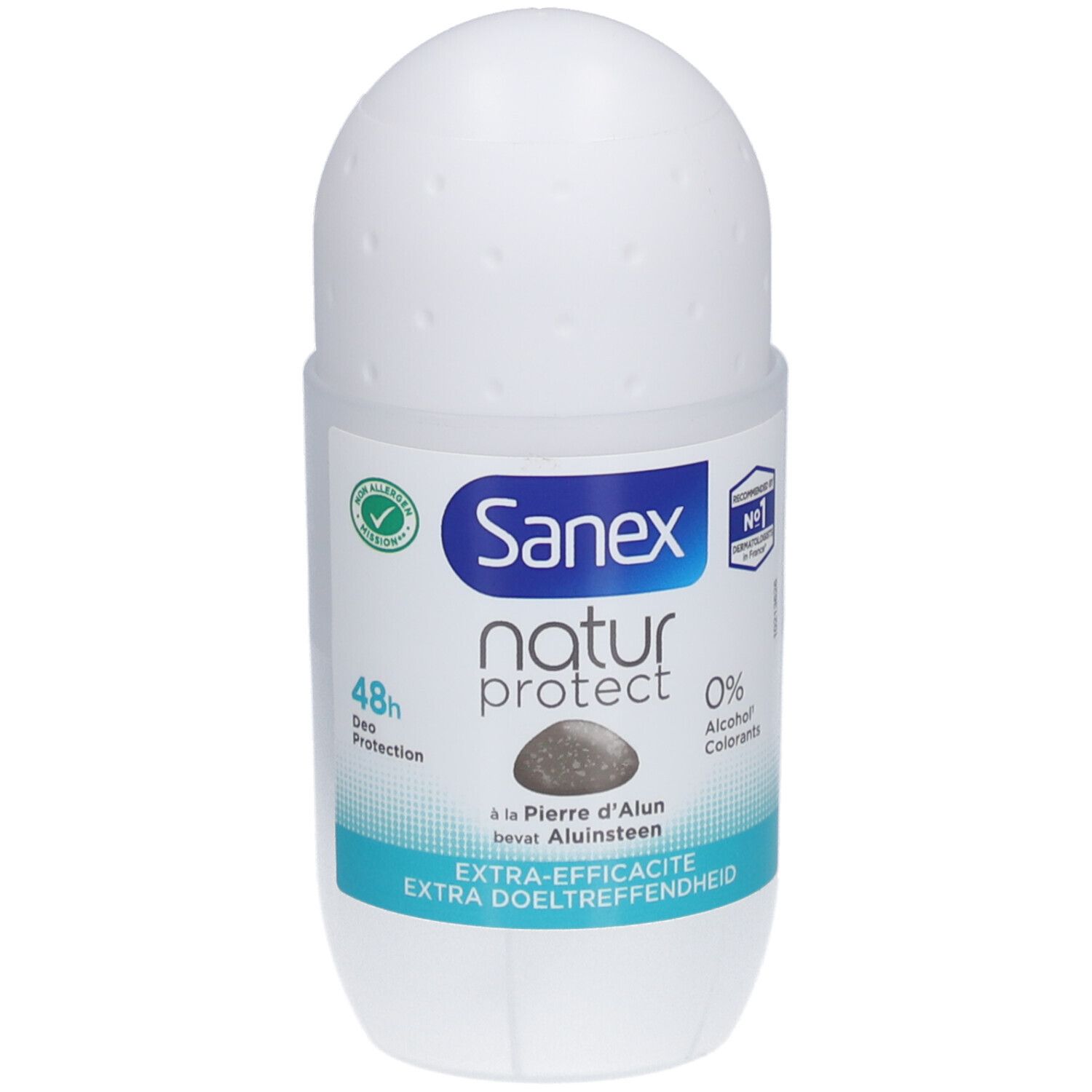 Weißer Roll-on-Deo mit blauem Etikett. Sanex Natur Protect, 48h Schutz, 0% Alkohol. Mit Alunstein.