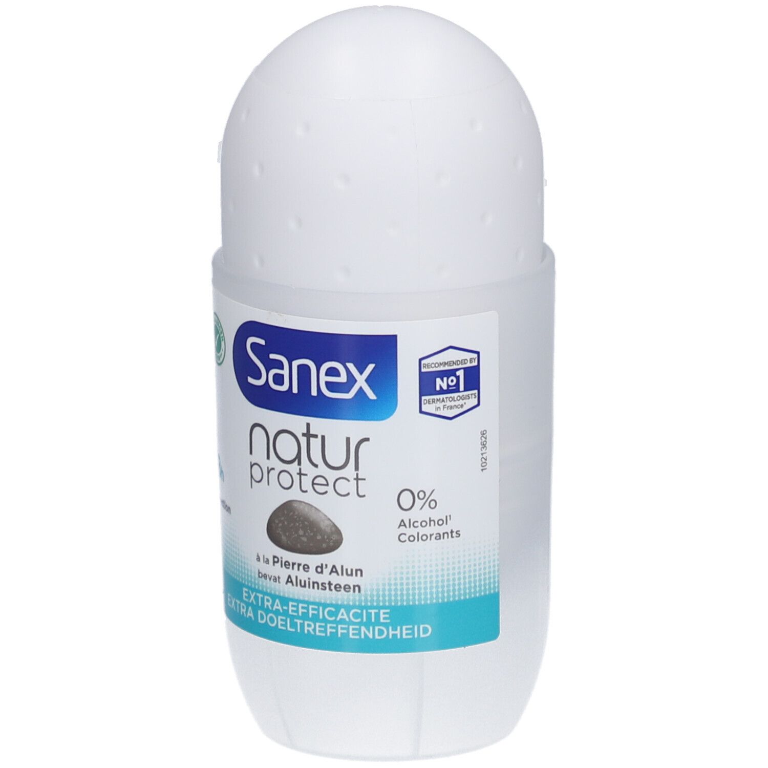 Weißer Roll-on-Deo mit blauem Etikett. Sanex Natur Protect, 48h Schutz, 0% Alkohol. Mit Alunstein.