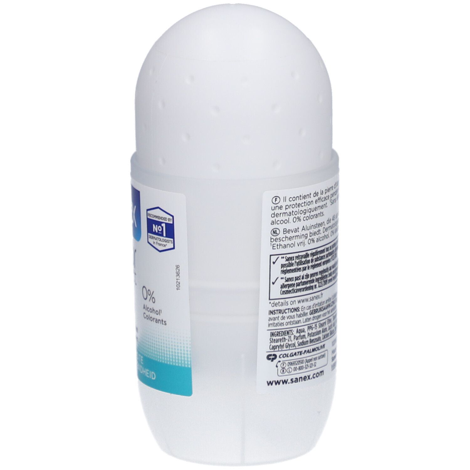Rückseite des weißen Roll-on-Deos. Sanex Natur Protect, 48h Schutz, 0% Alkohol. Informationen.