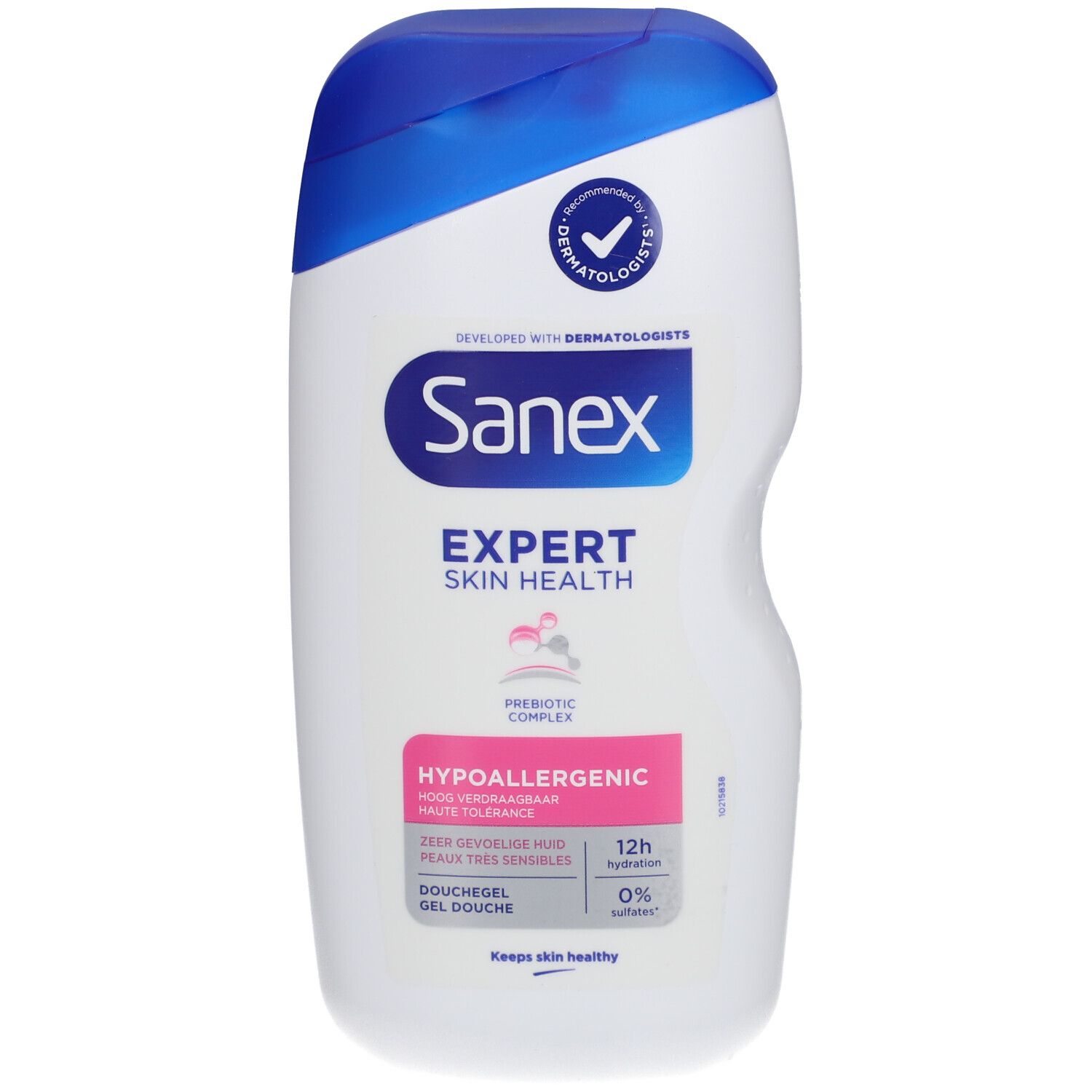 Sanex Expert Skin Health Duschgel. Weiße Flasche mit blauem Deckel. Text: Hypoallergen, für sehr empfindliche Haut.