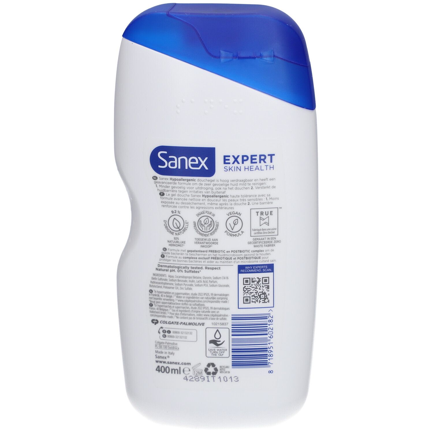 Rückseite der Sanex Expert Skin Health Duschgel-Flasche. Enthält Informationen und Logos. Volumen: 400ml.