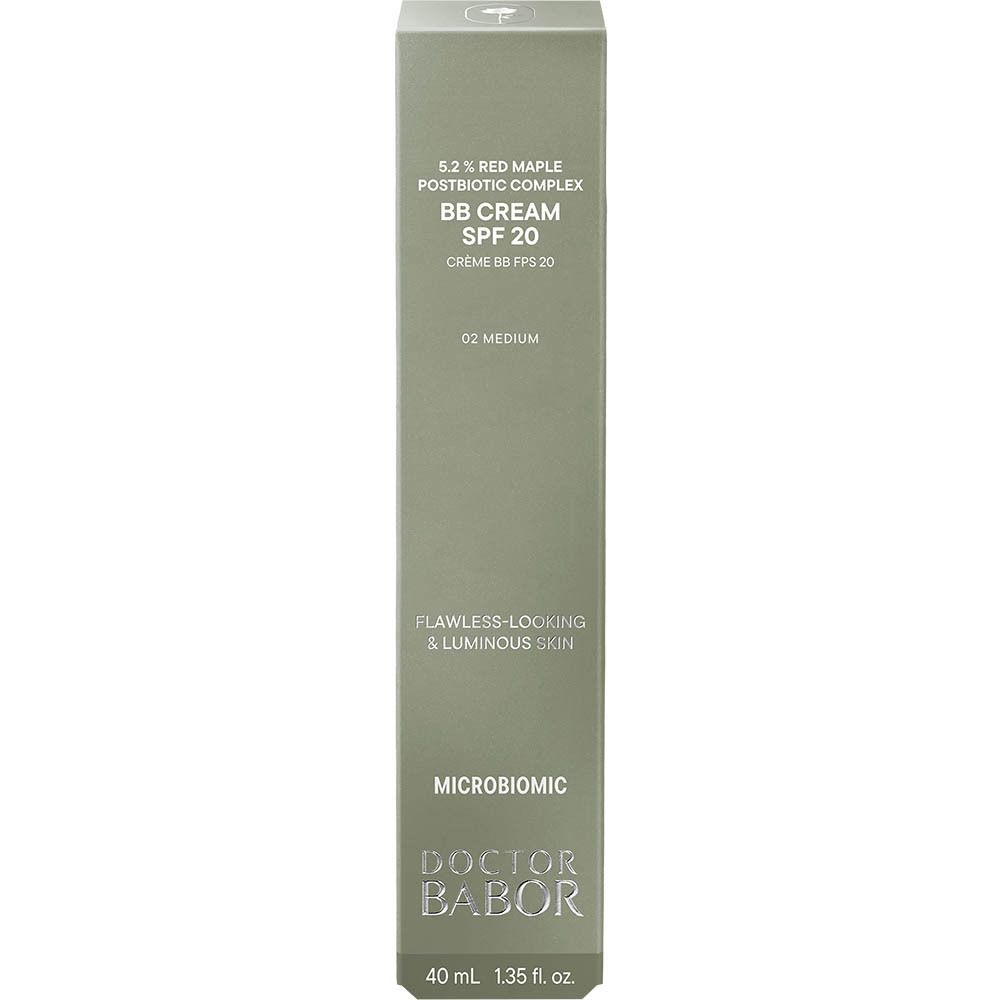 BB Cream SPF 20 und Verpackung. Aufschrift: Doctor Babor. 02 Medium. 40 ml. 1.35 fl. oz. Flawless-looking & luminous skin.