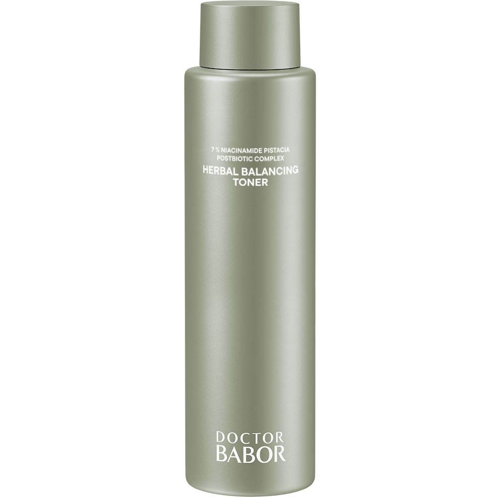 Flacon cylindrique avec bouchon. Inscription: Herbal Balancing Toner, Doctor Babor.