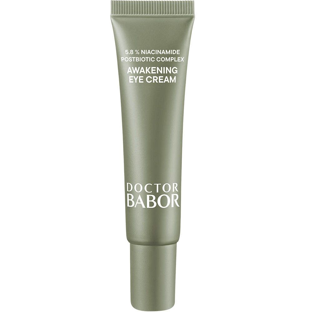Graue Tube mit Augencreme. Aufschrift: 5.8% Niacinamide, Awakening Eye Cream, Doctor Babor.