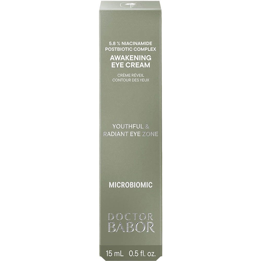 Grauer Karton mit Augencreme-Tube. Aufschrift: Awakening Eye Cream, Doctor Babor, 15 ml, 0.5 fl. oz.