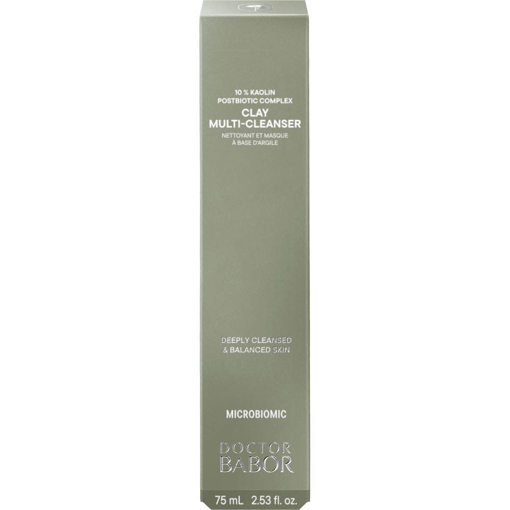 Graue Schachtel mit Produktaufschrift. Oben steht "CLAY MULTI-CLEANSER". Unten steht "DOCTOR BABOR".