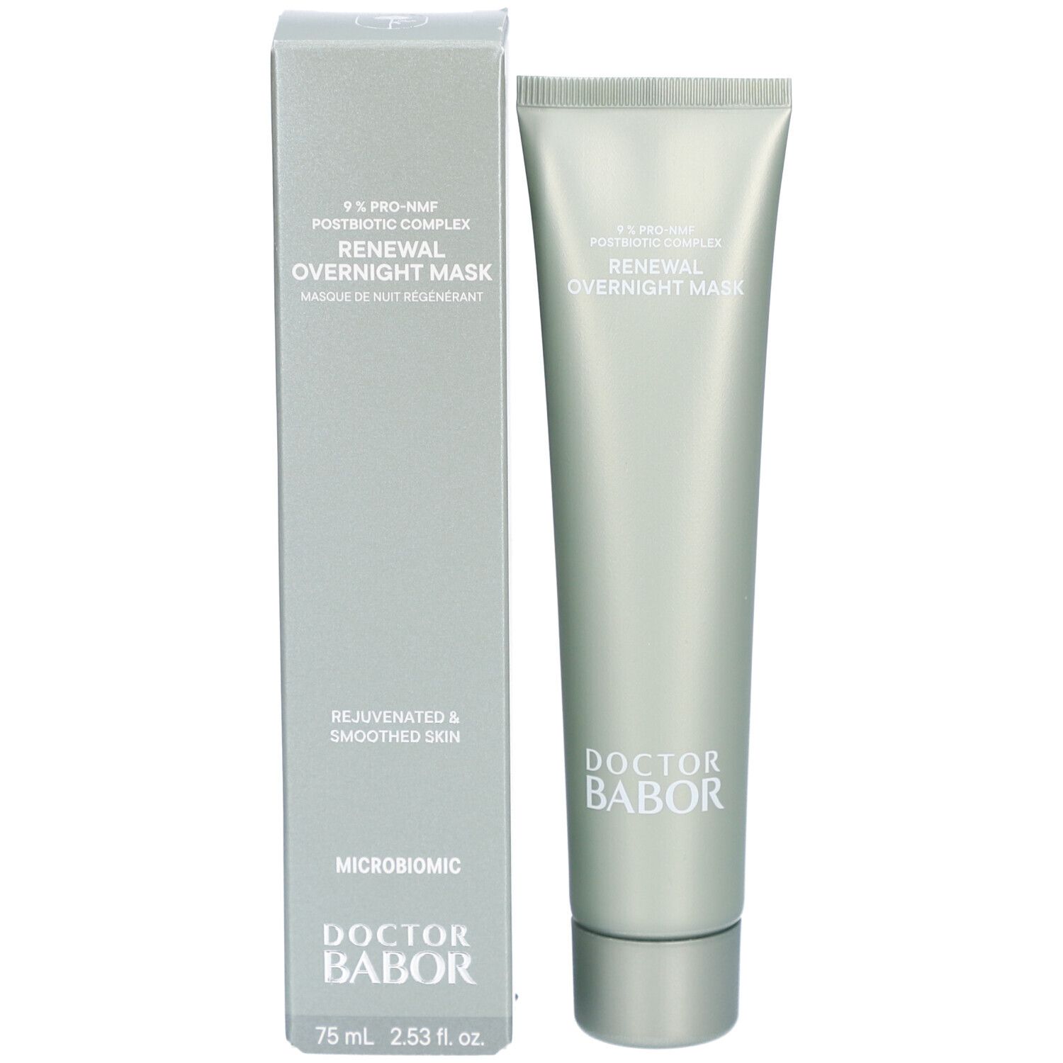 Tube und Schachtel nebeneinander. Aufschrift: Renewal Overnight Mask. Marke: Doctor Babor. Volumen: 75 ml.