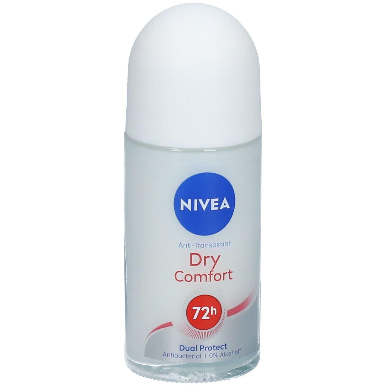 Weißer Roll-On-Deo mit blauem NIVEA-Logo. Text: Dry Comfort, 72h. Anti-Transpirant. Dual Protect. Ohne Alkohol.