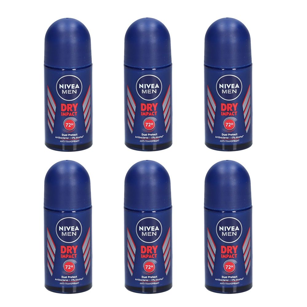 Six roll-ons NIVEA MEN Dry Impact bleus. 72H Dual Protect. Anti-transpirant.