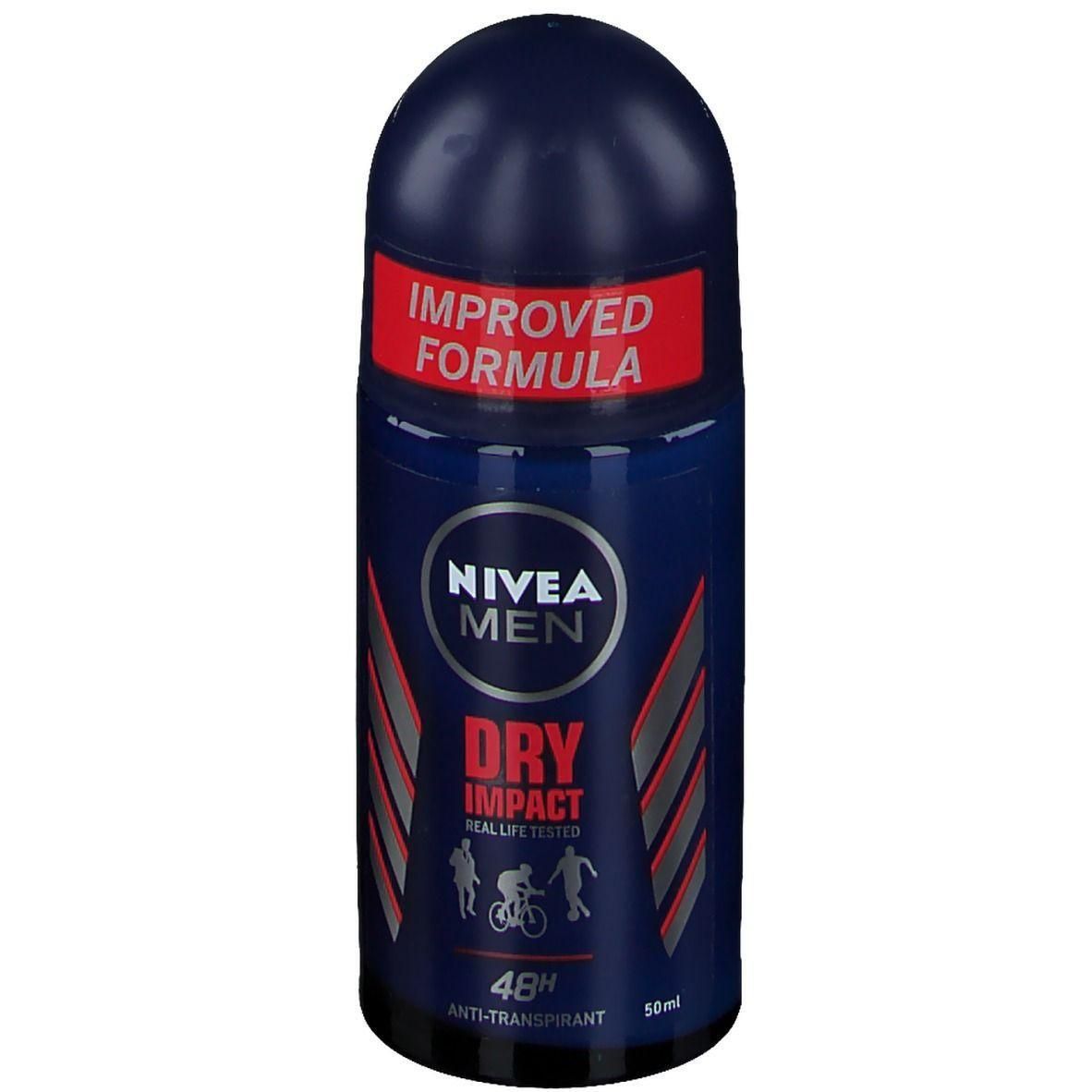 Blau-weiße NIVEA MEN Dry Impact Roll-On-Flasche. Roter Schriftzug "IMPROVED FORMULA". 48H Anti-Transpirant.