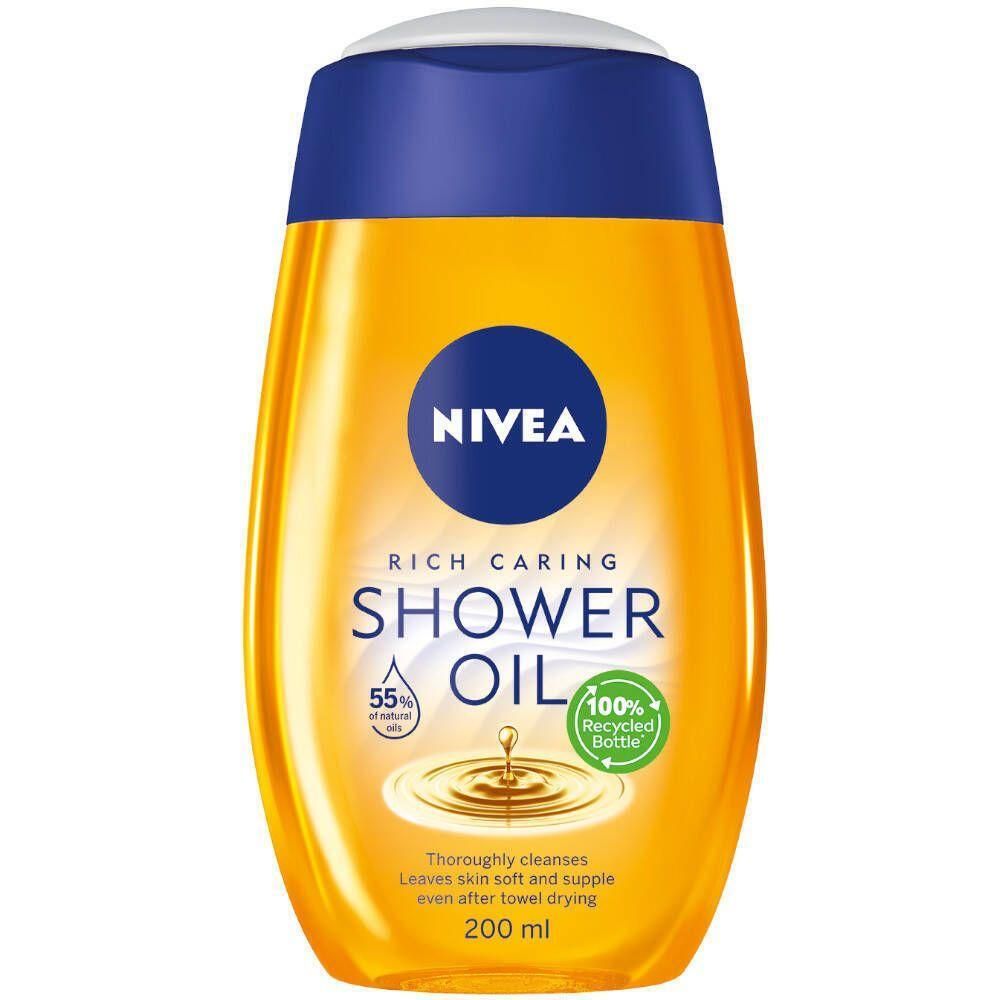 NIVEA Duschöl-Flasche, gelb, mit blauem Deckel. Beschriftung: Shower Oil, 55% natürliches Öl, 100% recycelte Flasche, 200 ml.