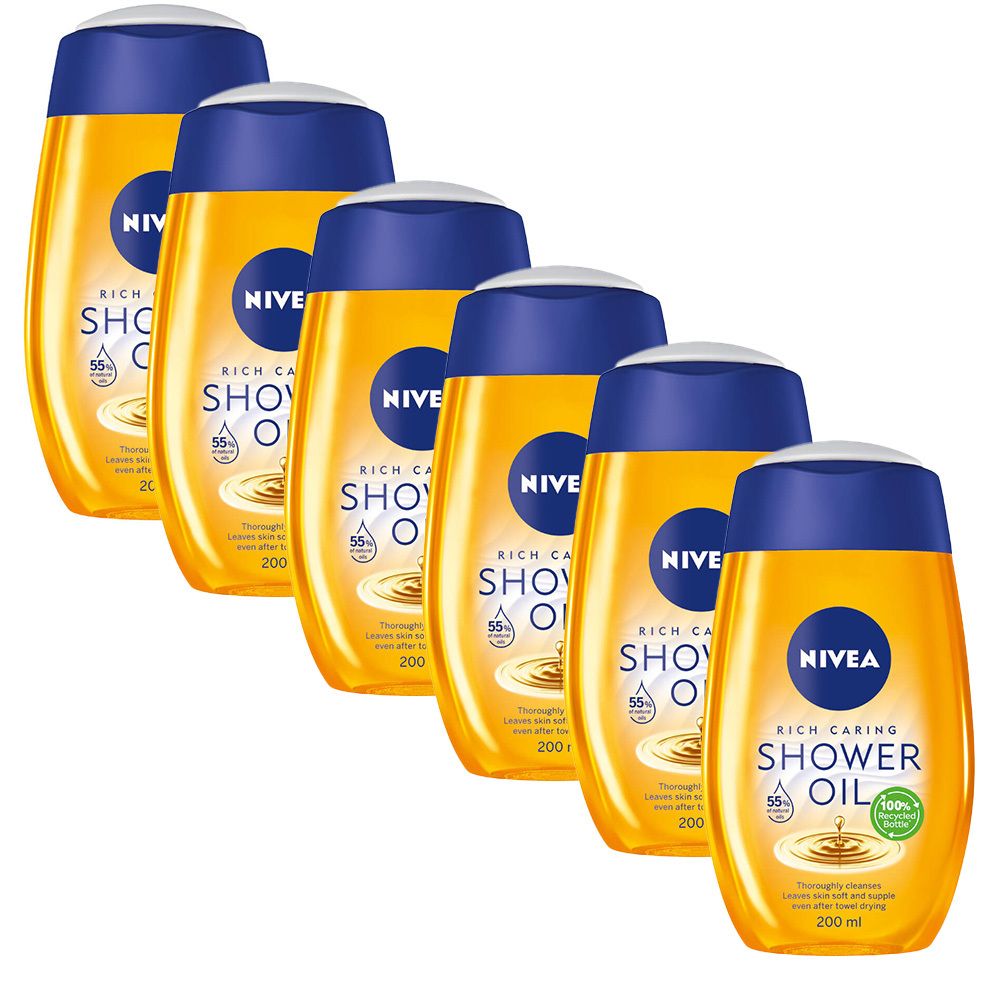Six flacons de NIVEA Shower Oil jaunes et bouchons bleus. Inscription : Shower Oil, 55% huile naturelle, flacon 100% recyclé, 200 ml.