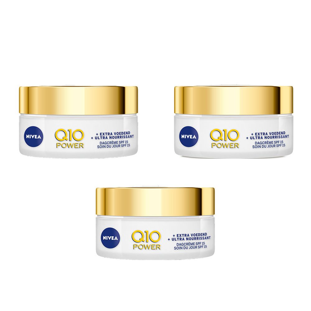 Trois pots de crème Nivea Q10 Power Anti-Rides + Crème Jour Extra Nourrissante. Pots blancs, couvercles dorés, logos bleus.