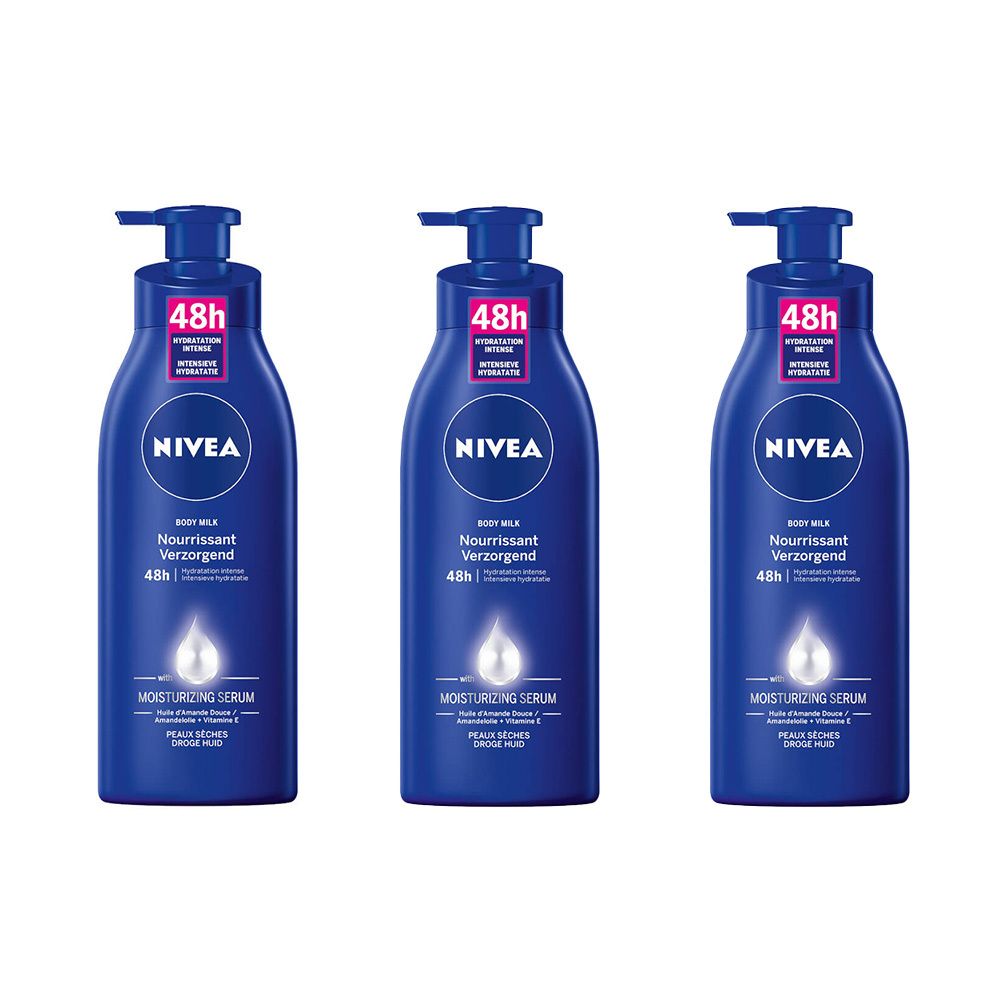 Trois flacons bleus Nivea Body Milk Nourrissant avec pompe. Étiquette : 48H Hydratation.