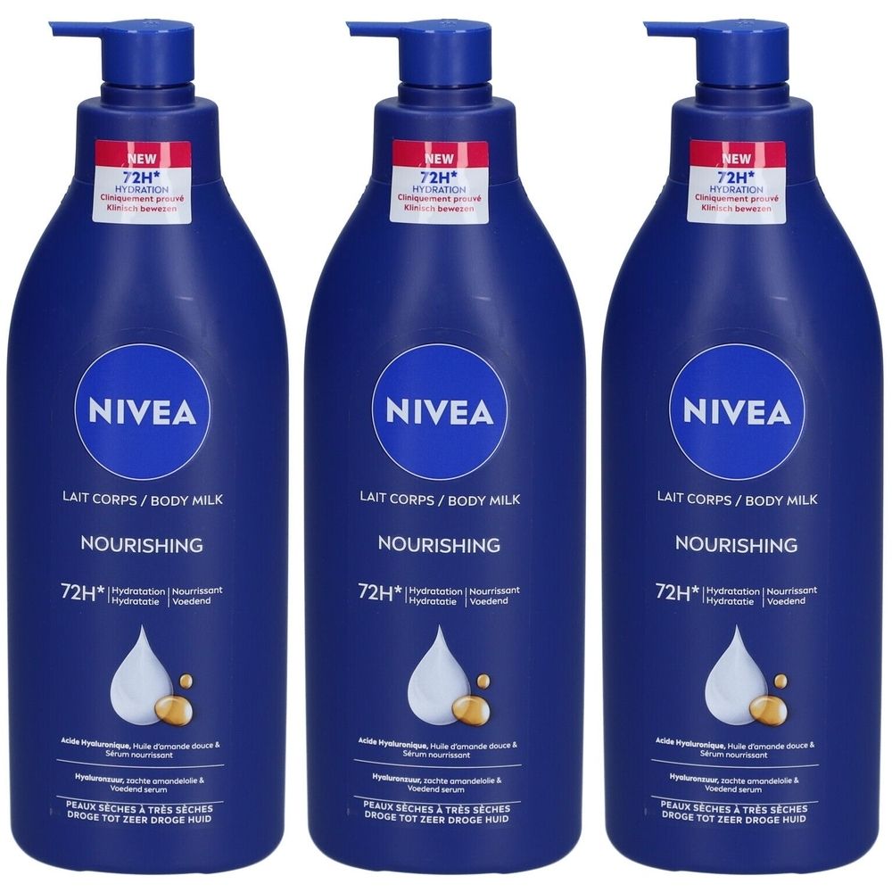 Trois flacons bleus Nivea Lait Corps/Body Milk Nourishing avec pompe. Étiquette : 72H Hydratation.