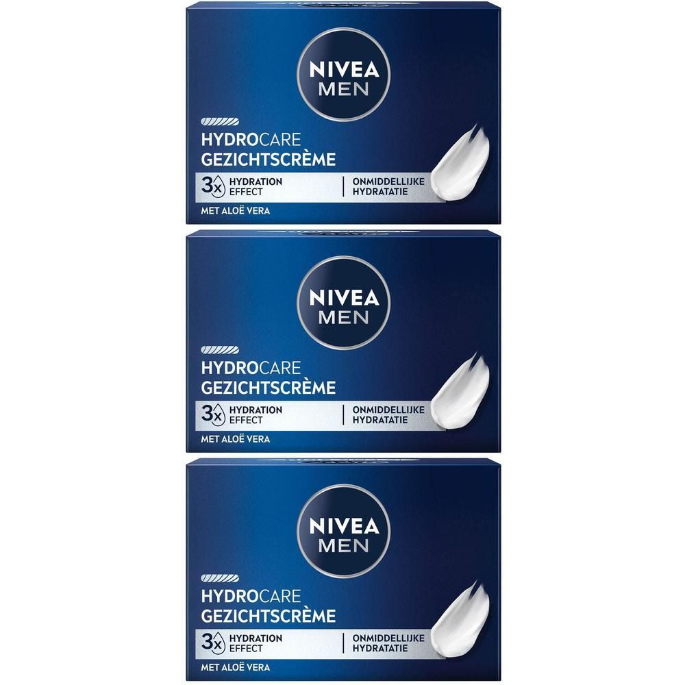 Trois boîtes bleues de crème visage NIVEA MEN Hydrocare. Texte: 3x Hydratation Effect, avec Aloe Vera.