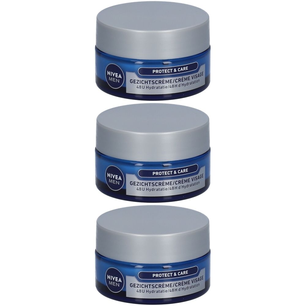 Drei Tiegel NIVEA MEN Protect & Care Gesichtscreme. Blaue Tiegel mit silbernen Deckeln. Produktbezeichnung und Logo sichtbar.
