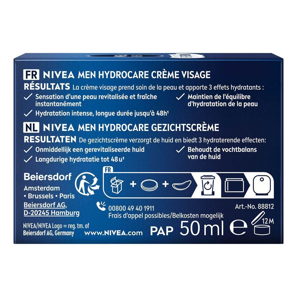 Dos de l'emballage de la crème visage NIVEA MEN Hydrocare. Texte en français et néerlandais.