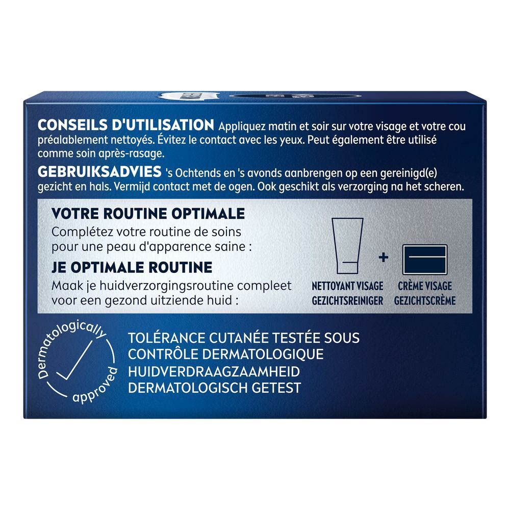 Dos de l'emballage de la crème visage NIVEA MEN Hydrocare. Texte: Conseils d'utilisation et testé dermatologiquement.