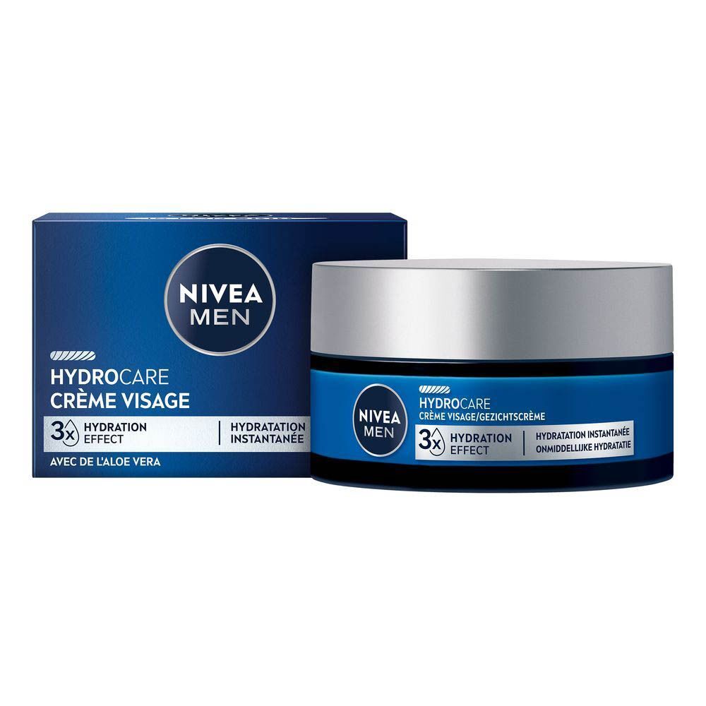 Pot et emballage de la crème visage NIVEA MEN Hydrocare. Emballage bleu, pot argenté.