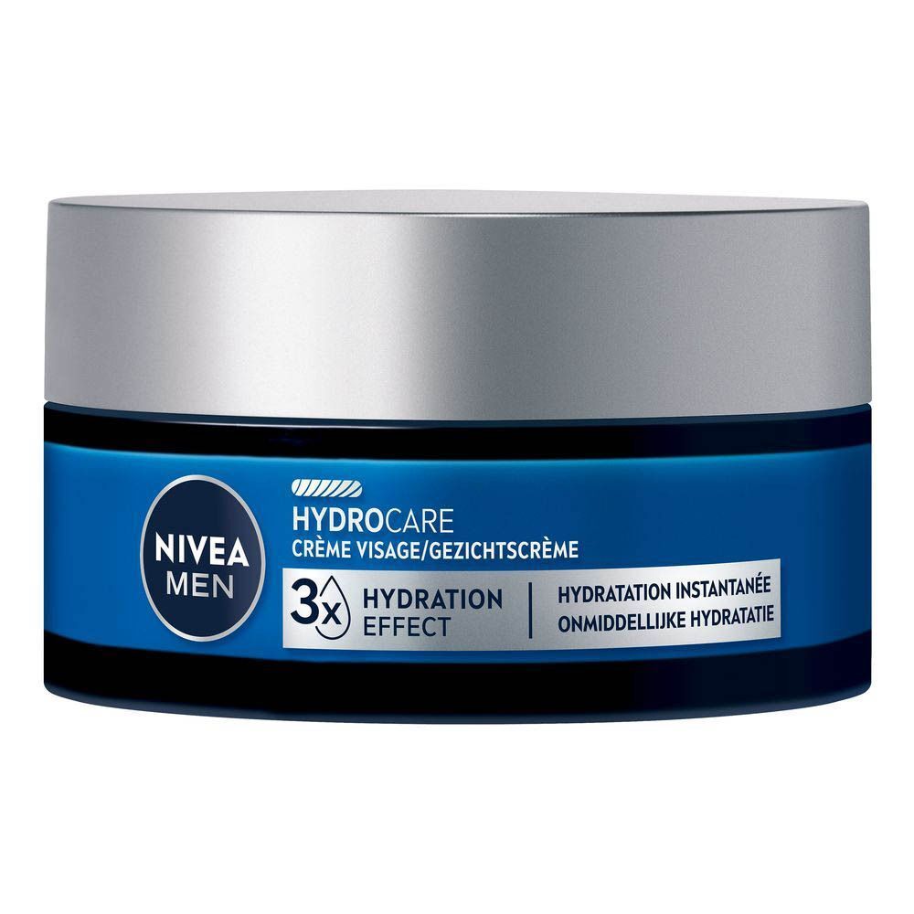 Pot de crème visage NIVEA MEN Hydrocare. Pot bleu avec couvercle argenté. Texte: 3x Hydratation Effect.