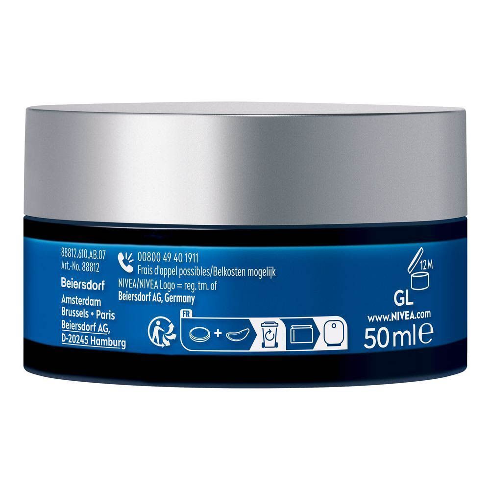 Dos du pot de crème visage NIVEA MEN Hydrocare. Texte: informations et labels de qualité.