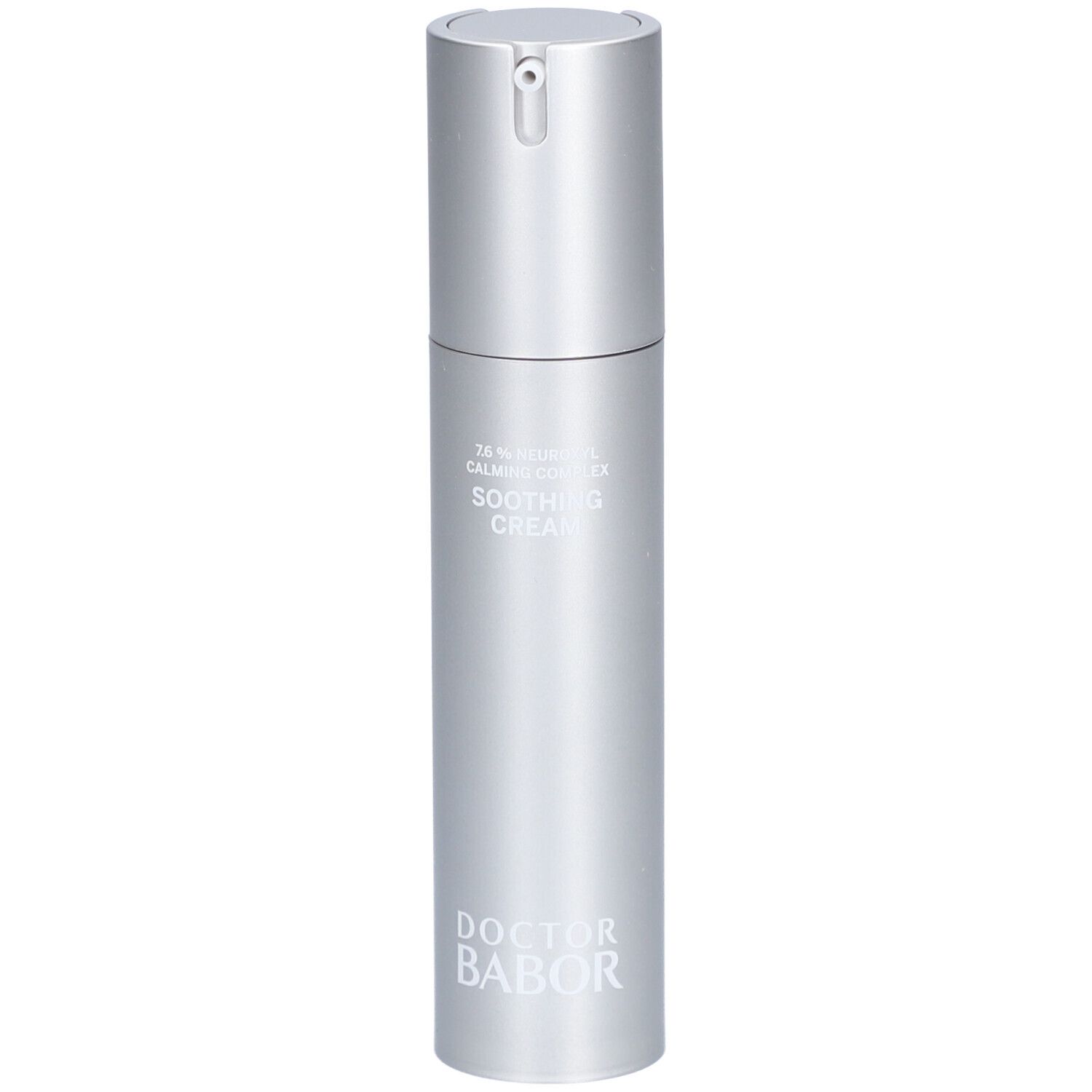 Silberne Creme-Flasche mit Pumpkopf. Aufschrift: Soothing Cream, Doctor Babor.